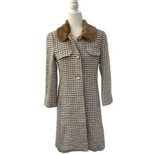 Trina Turk Tweed Wool Coat Faux Fur‎ Collar w/ Vintage Buttons Pink Lining 10